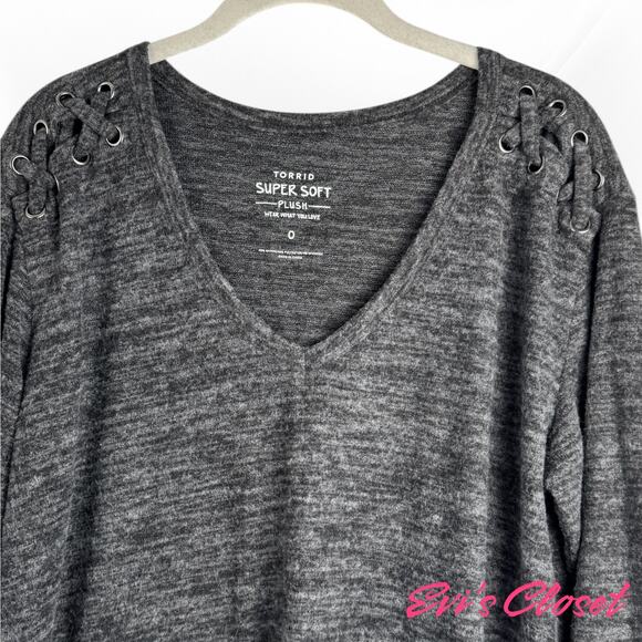 Torrid Women's Soft Plush V Neck Lace Up Sweater Grey Sz Torrid 0 12-L - Picture 4 of 8